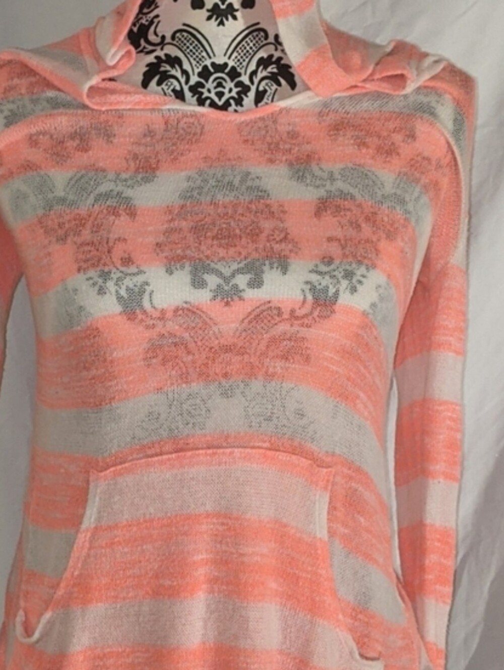 Striped Neon Coral & White Hooded Knit Top